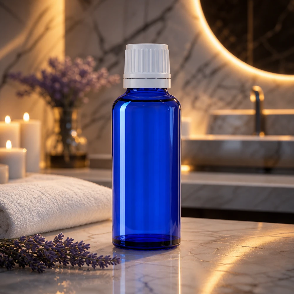 Blaue Apothekerflasche 30ml mit Originalverschluss und Tropfeinsatz für Kosmetik und Naturheilkunde