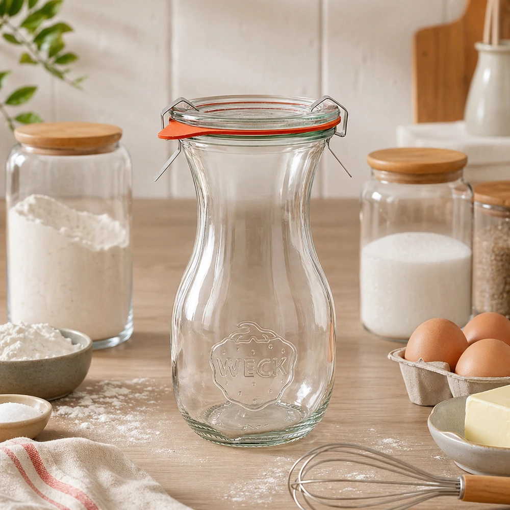 WECK Saftflasche 290ml RR60 leer in moderner Küche zwischen Backzutaten und Vorratsgläsern auf Arbeitsplatte