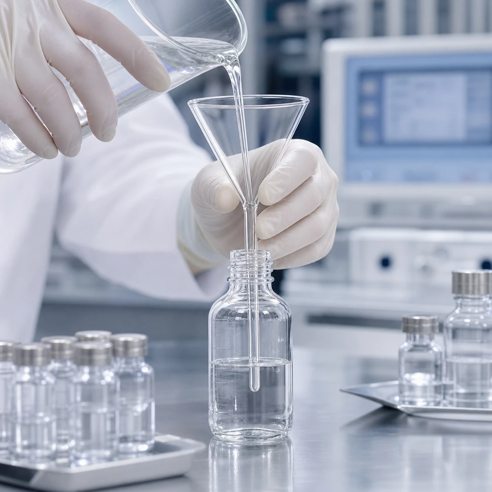 Präzisions-Labortrichter aus klarem Glas mit 60-Grad-Neigung für kontrolliertes Dosieren von Reagenzien