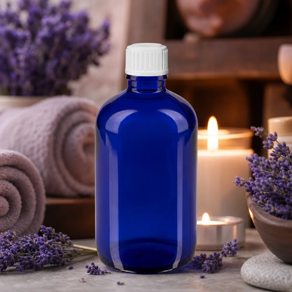 Apothekenflasche blau 100ml Tropfverschluss weiß 0.8mm Standard Apothekerglasflasche 100ml blau mit 0.9mm Tropföffnung für präzise Dosierung von Ölen