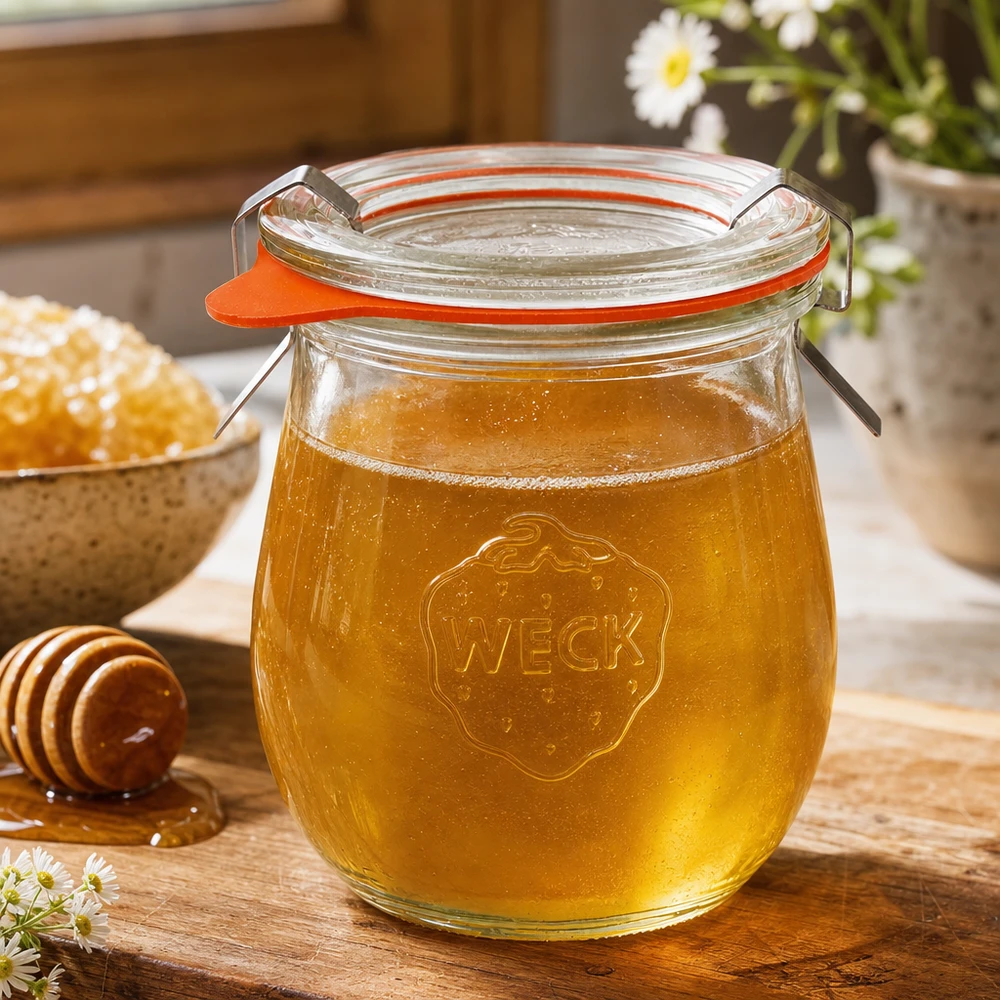 220ml Tulpenglas komplett WECK RR60 WECK Tulpenglas 220ml RR60 mit Honig gefüllt auf Holztisch neben Honiglöffel und Waben in rustikaler Küche