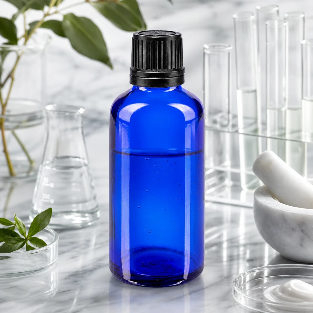 Apothekenflasche blau 50ml Tropfverschluss Giessring 1mm schwarz Originalitätsverschluss Pharmazeutische Tropfflasche 50ml in Kobaltblau mit OV-Schraubverschluss im wissenschaftlichen Umfeld