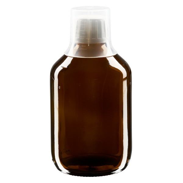300ml Medizinflasche braun, Verschluss Originalitätsverschluss mit Dosierbecher 30ml ApoGlas