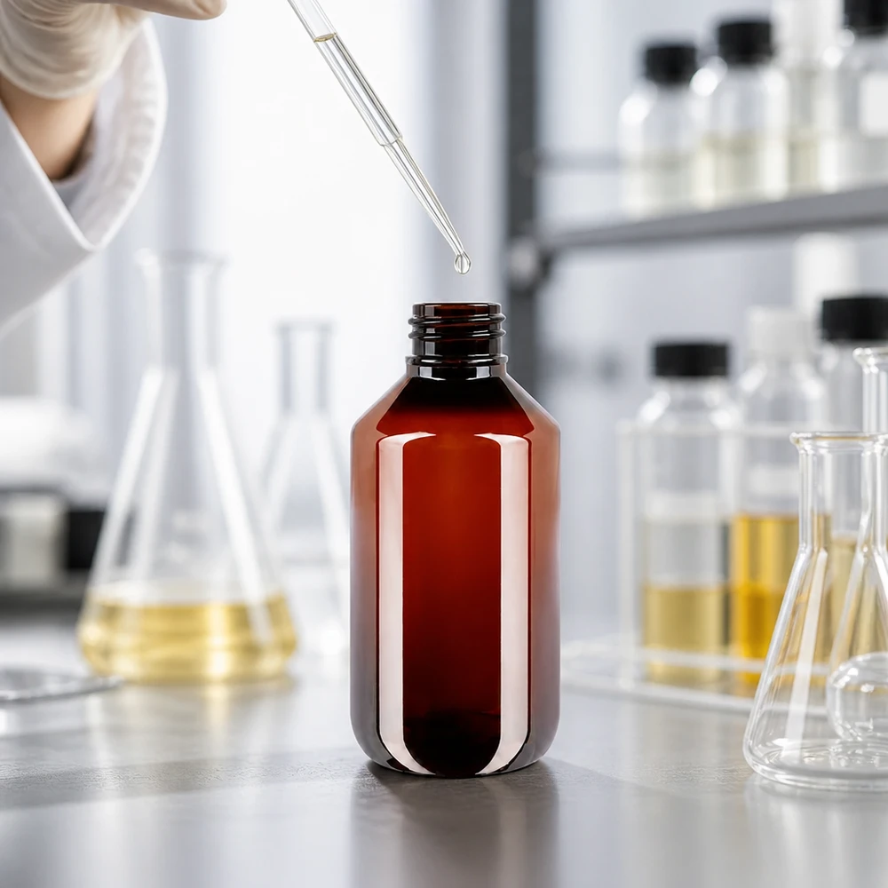 Leere 200ml PET Flasche braun mit weißem OV ideal für Pharma Kosmetik und Chemie