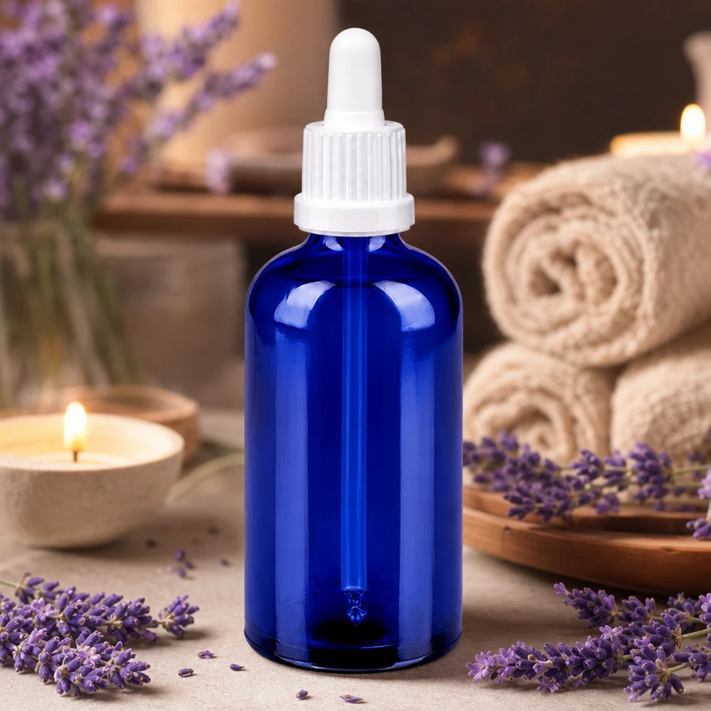 Robuste Pipettenflasche 100ml aus UV-schützendem blauem Glas mit weißem Verschluss