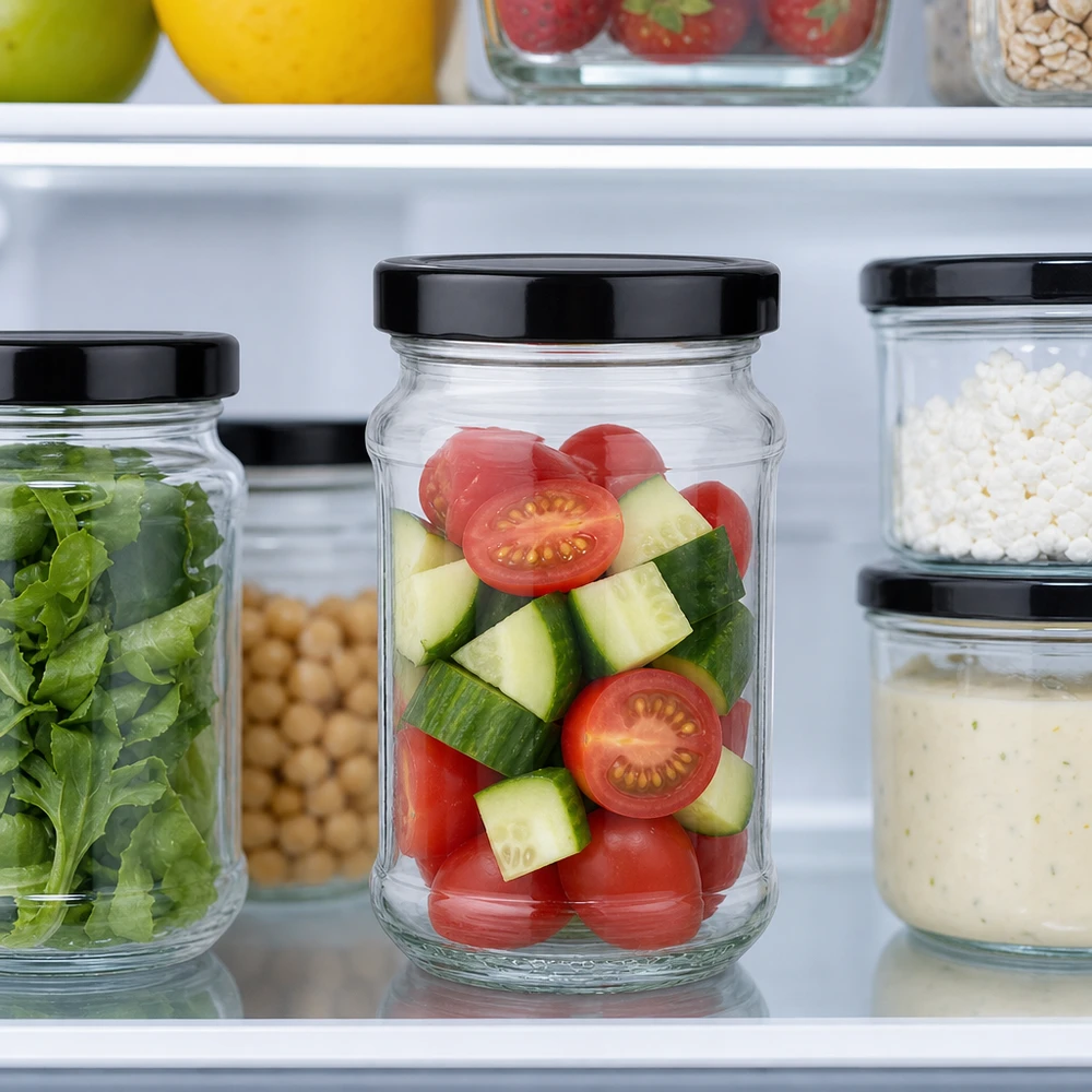 390ml Rundglas mit schwarzem BasicSeal Deckel UNiTWIST im Kühlschrank mit frischen Tomaten und Gurken gefüllt