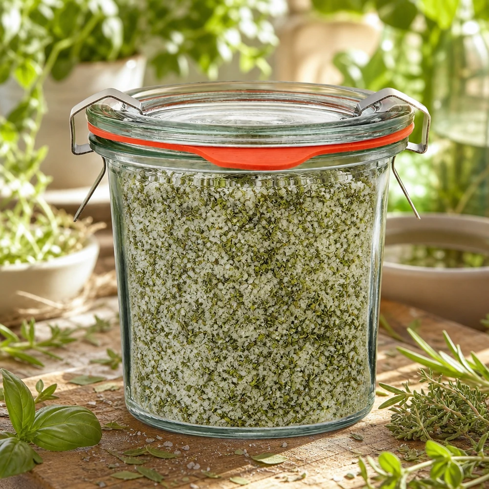 Gewürzglas Idee: WECK-Mini-Sturzglas 140ml Befülltes WECK Glas 140ml mit getrockneten Kräutern und Meersalz als Gewürzmischung