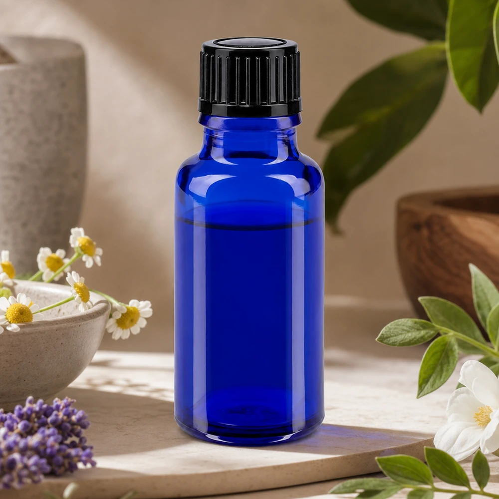 Apothekenflasche blau 20ml Schraubverschluss schwarz Standard Runde blaue 20ml Apoflasche aus Glas mit geripptem schwarzen Standardverschluss