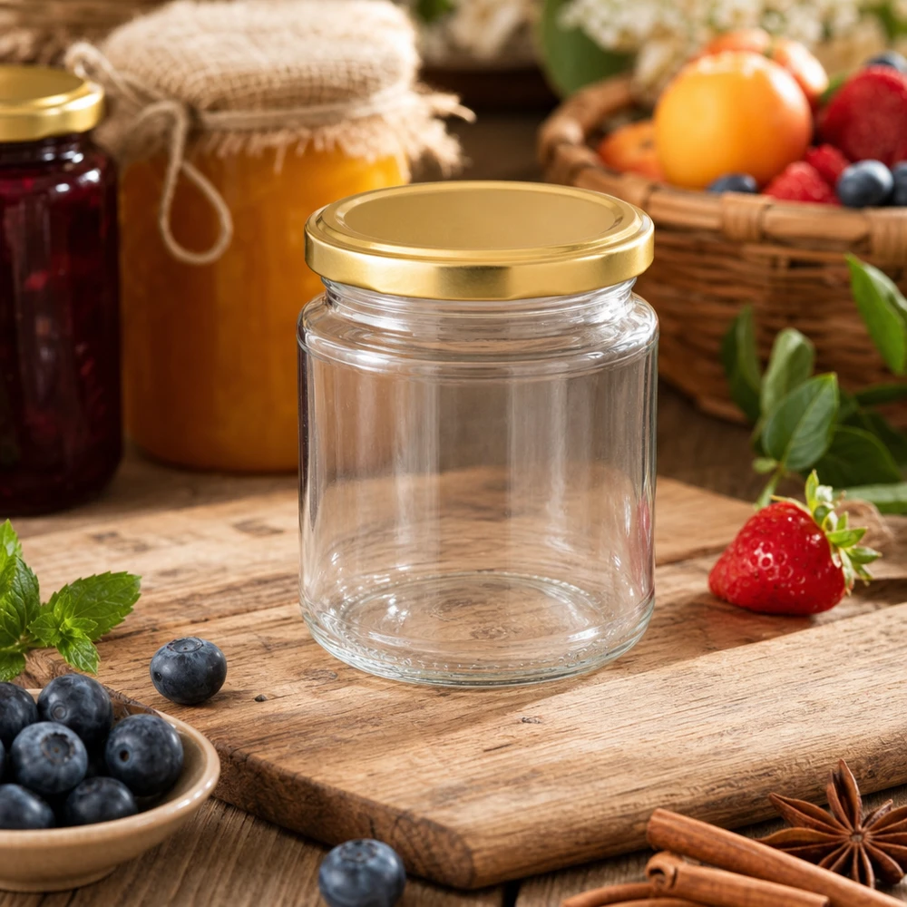 212ml Rundglas UNiTWIST mit goldenem Deckel auf Holzbrett umgeben von frischen Beeren und Marmeladengläsern