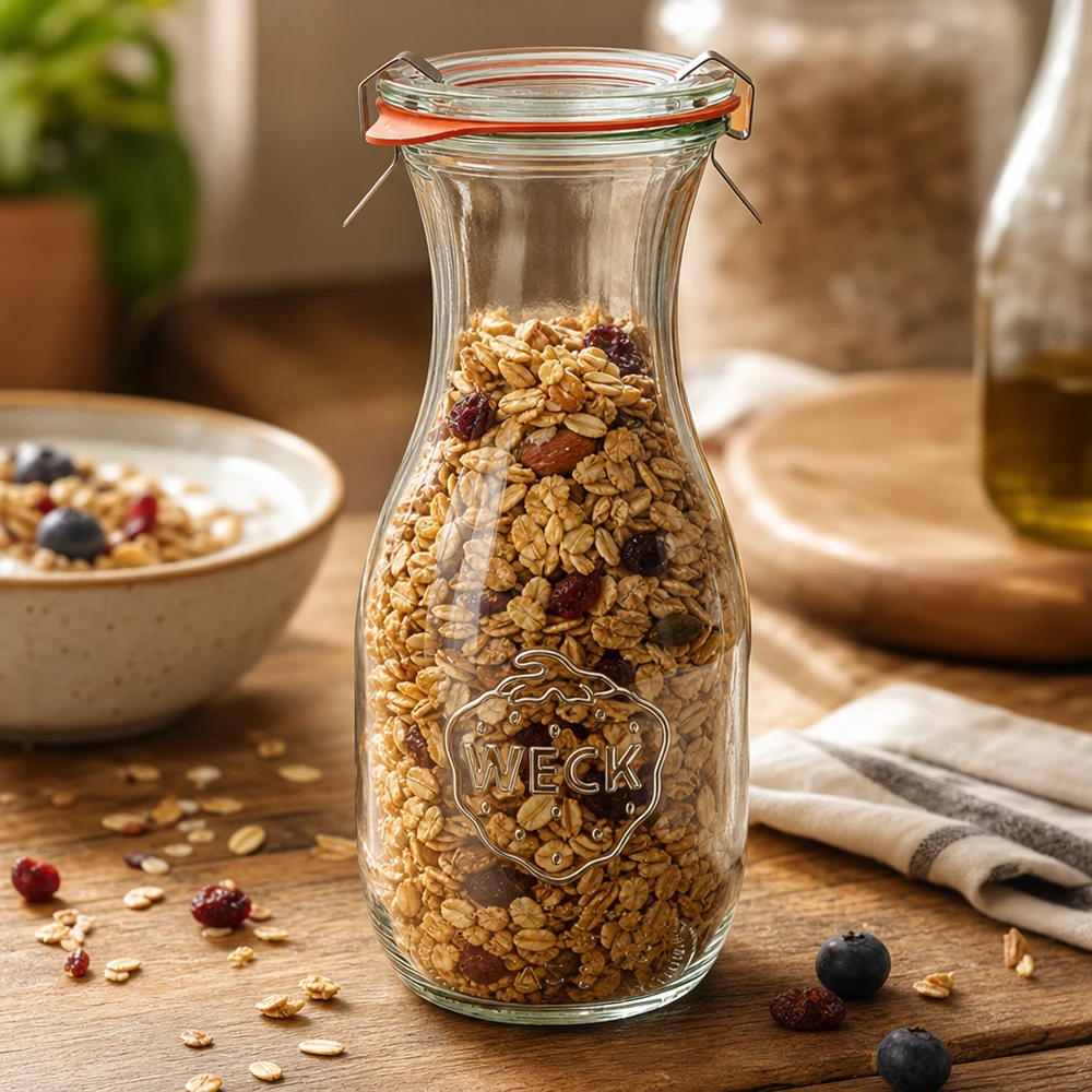 530ml Saftflasche komplett WECK RR60 WECK 530ml Saftflasche RR60 mit Müsli gefüllt zeigt vielseitige Aufbewahrung von Cerealien und Trockenfrüchten