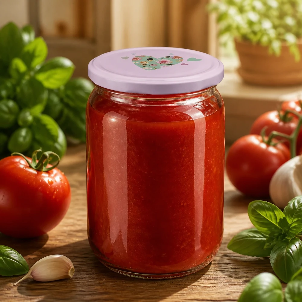 555ml Rundglas + BasicSeal Deckel Herz rosa UNiTWIST UNiTWIST 555ml Vorratsglas mit lilafarbenem Herz-Deckel und rotem Tomateninhalt Küchendeko