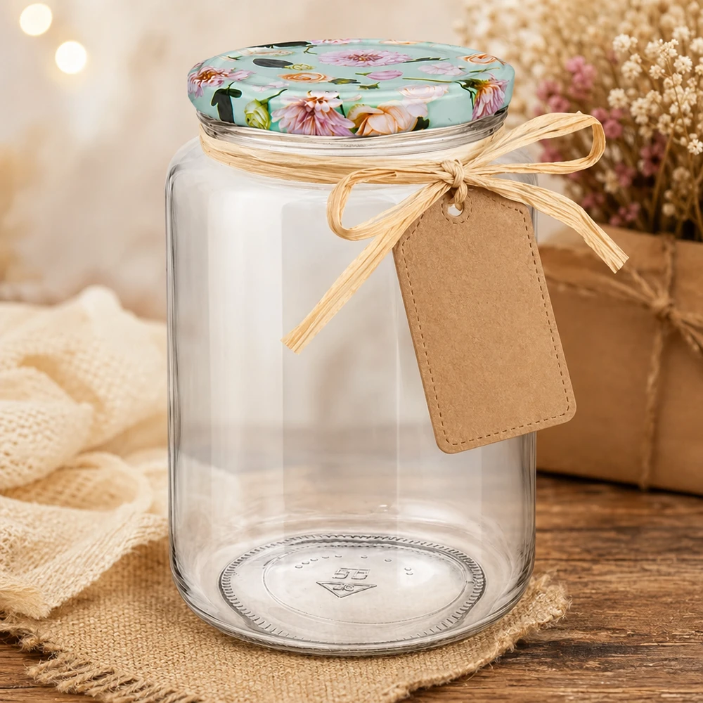 795ml Rundglas mit Geschenkband und Anhänger als Präsent, mint Blumen-Deckel für kreative DIY-Geschenkideen