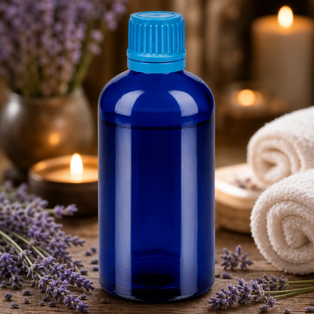 Premium blaue Glasflasche 100ml mit matter Oberfläche für hochwertige Naturkosmetik