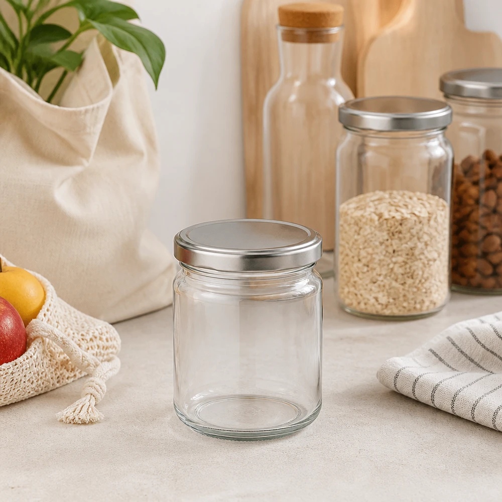 212ml Rundglas mit silbernem Deckel in nachhaltiger Zero-Waste Küche mit Vorratsgläsern und Jutebeutel