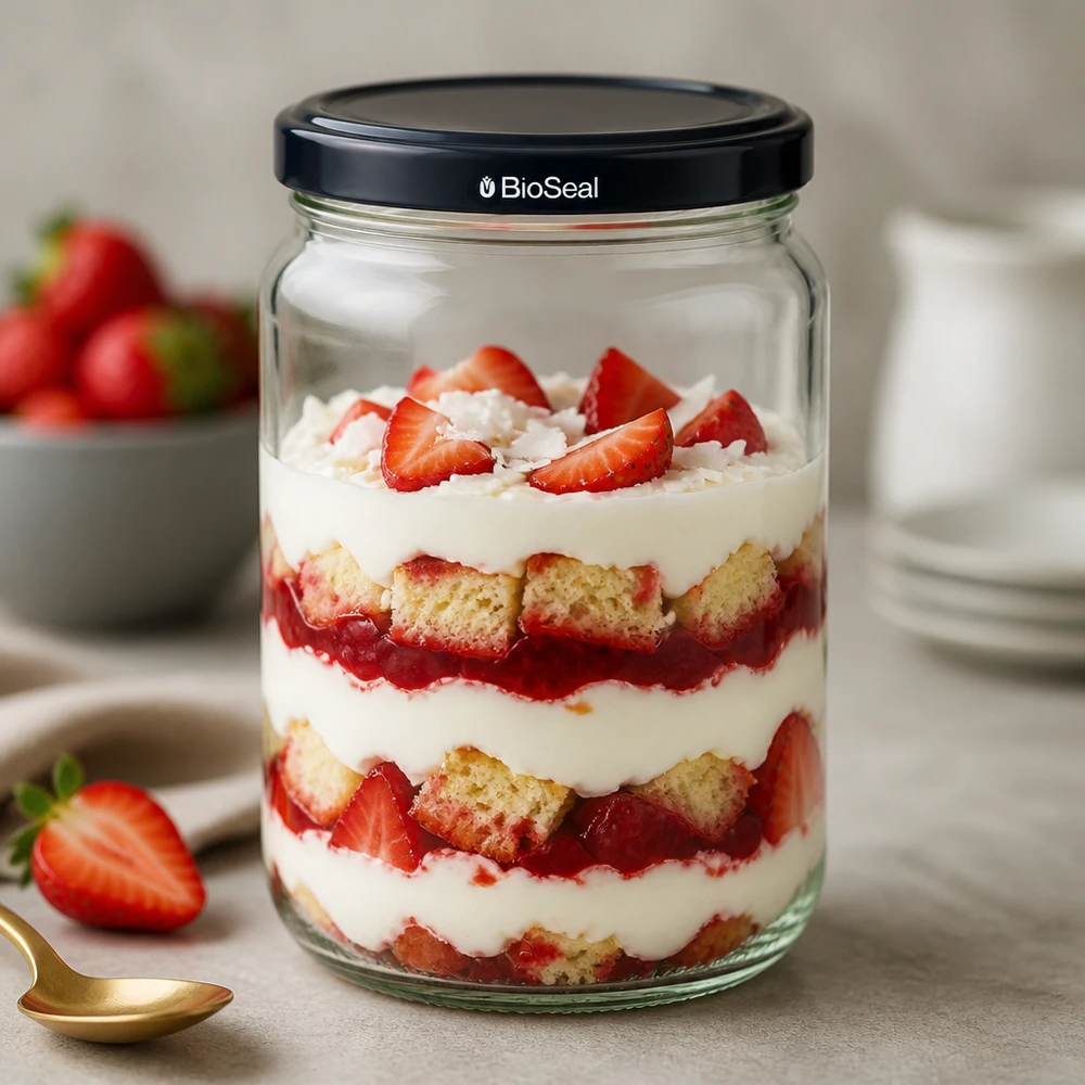 UNiTWIST Runda305 Glas mit Schichttrifle und schwarzem BioSeal Deckel gefüllt mit Erdbeeren und Sahne als Dessert