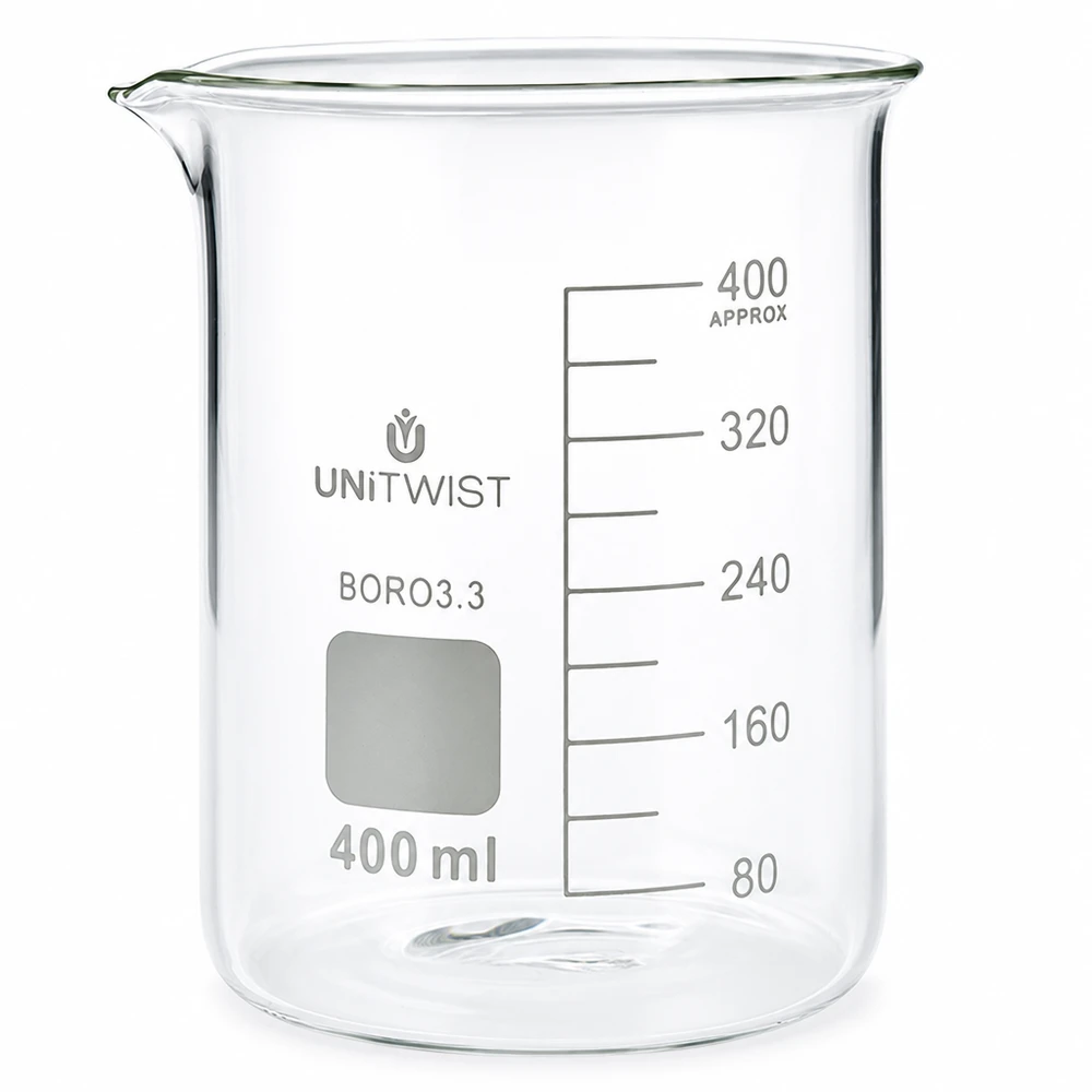 Becherglas 400ml Borosilikat, niedrige Form UNiTWIST Zylindrisches Messbecherglas 400ml niedriger Bauform mit präziser Volumenanzeige