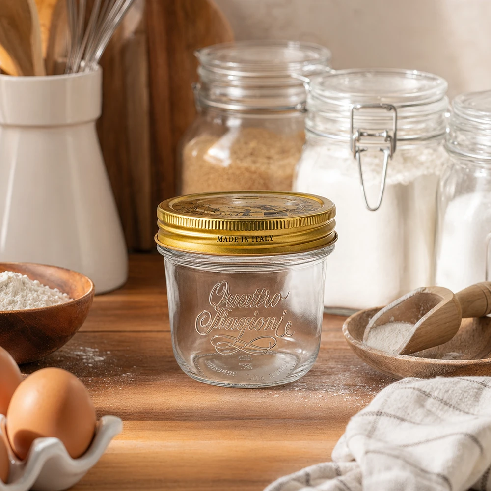 200ml Quattro Stagioni Sturzglas mit goldenem Deckel auf Holzbrett neben Mehl Eiern und Küchenutensilien Made in Italy