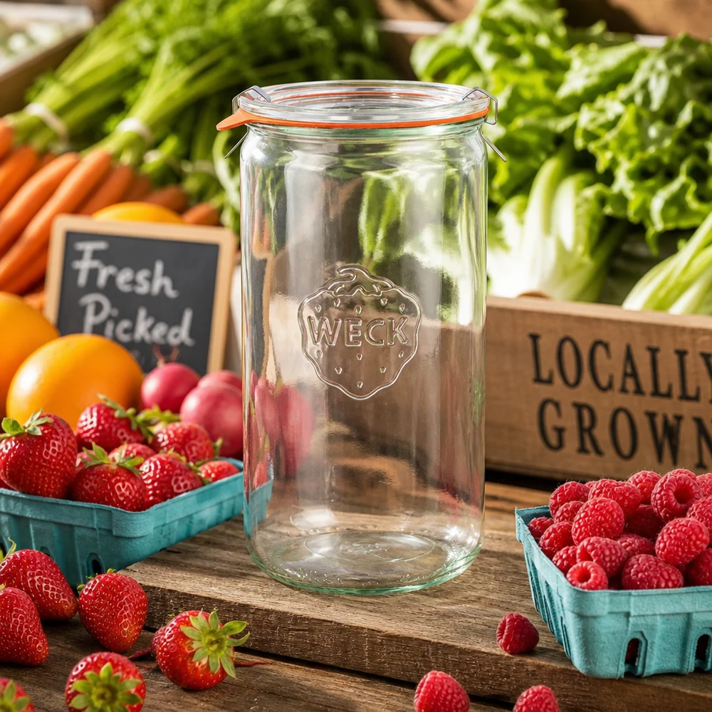 1590ml Zylinderglas komplett WECK RR100 WECK Zylinderglas 1590ml RR100 leer auf Holztisch mit frischen Beeren Gemüse Marktstand-Atmosphäre lokale Produkte