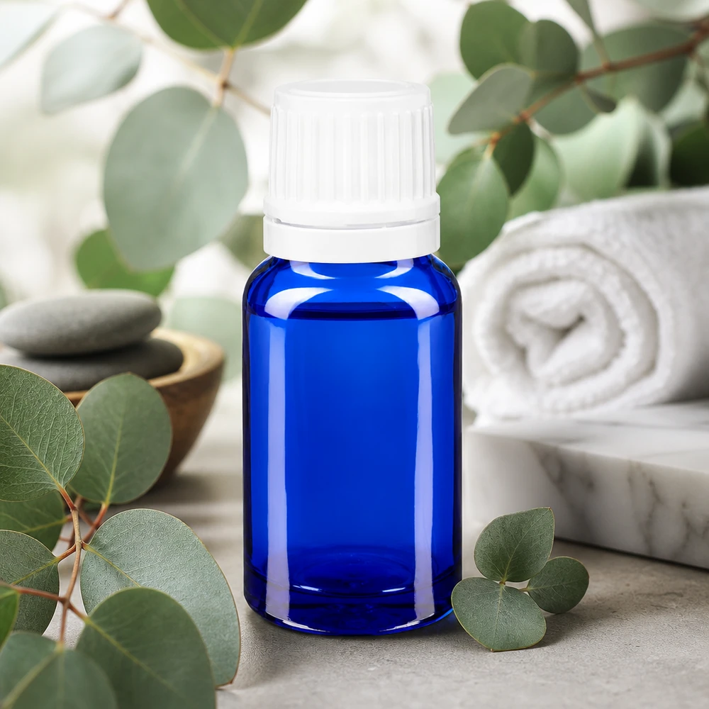 Kompakte blaue Tropfflasche 10ml mit weißem Schraubverschluss auf Marmor