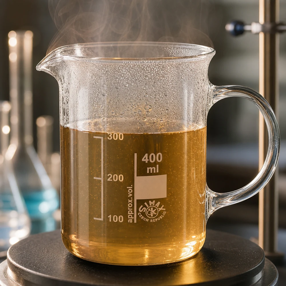 Becherglas 400ml Borosilikatglas, mit Henkel Simax Becherglas 400ml mit Griff erhitzte Probe Kondenstropfen Borosilikatglas Laborchemie