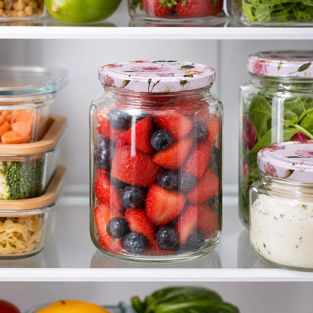795ml Rundglas mit Erdbeeren Blaubeeren im Kühlschrank BasicSeal Deckel rosa Blumen Obst Aufbewahrung
