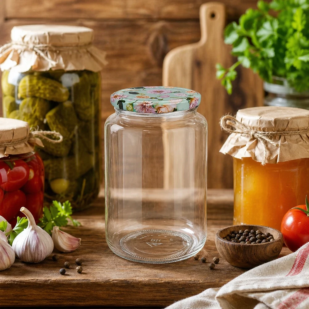 795ml Rundglas mit mint Blumen-Deckel in rustikaler Küche, umgeben von Einmachgläsern und frischen Kräutern