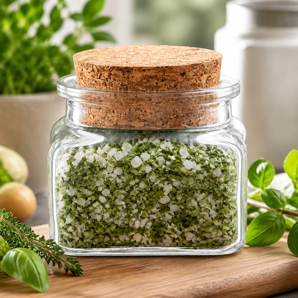 Gewürzglas Idee: Quadratus 120ml klar, Öffn 39mm, m. Kork 38 Quadratus Vorratsglas 120ml mit Kork und selbstgemachtem Kräutersalz als Geschenkidee