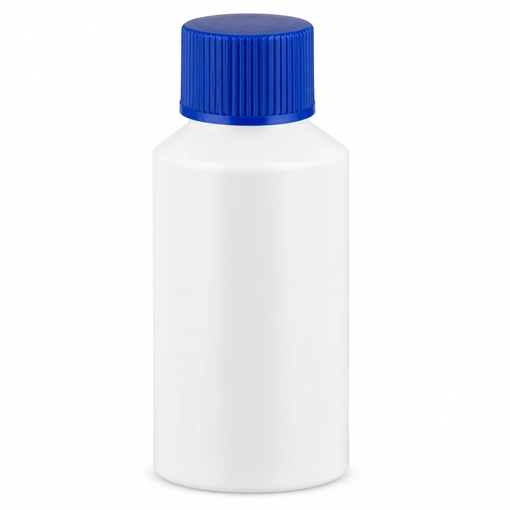Apothekenflasche HDPE 50ml weiß, mit blauem Schraubverschluss Kompakte weiße Kunststoff-Apothekerflasche 50ml HDPE mit blauem Schraubdeckel