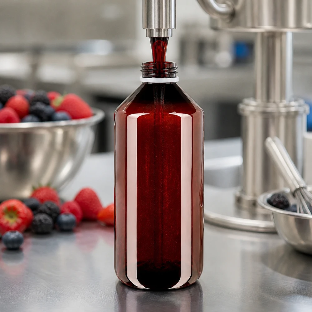 Lebensmittelechte braune PET Flasche 1000ml mit weißem Riffeldeckel auf Edelstahltheke