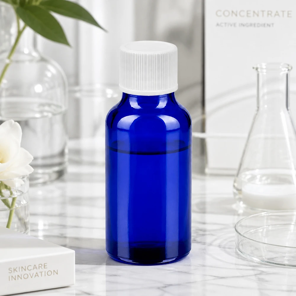 20ml Flasche 11mm Schraubverschluss weiß Standard BlueLine UT18/20 Kompakte blaue Glasflasche 20ml mit weißem Verschluss ideal für Reise und unterwegs