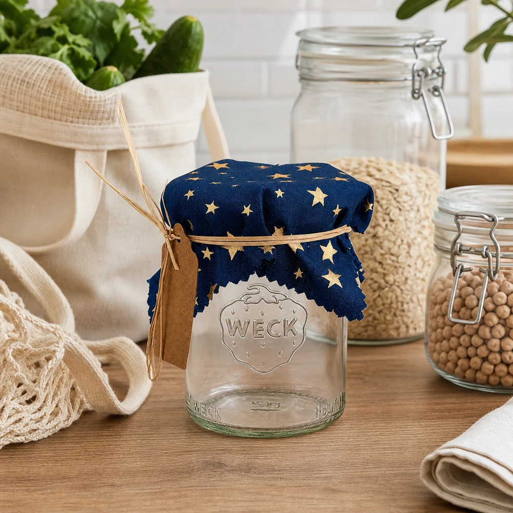 Stoff Schmuckdeckchen blau "Sterne" 12cm eckig Blaues Schmuckdeckchen mit goldenen Sternen auf Weck-Glas in rustikaler Küchenszene mit Vorratsgläsern und Textilien