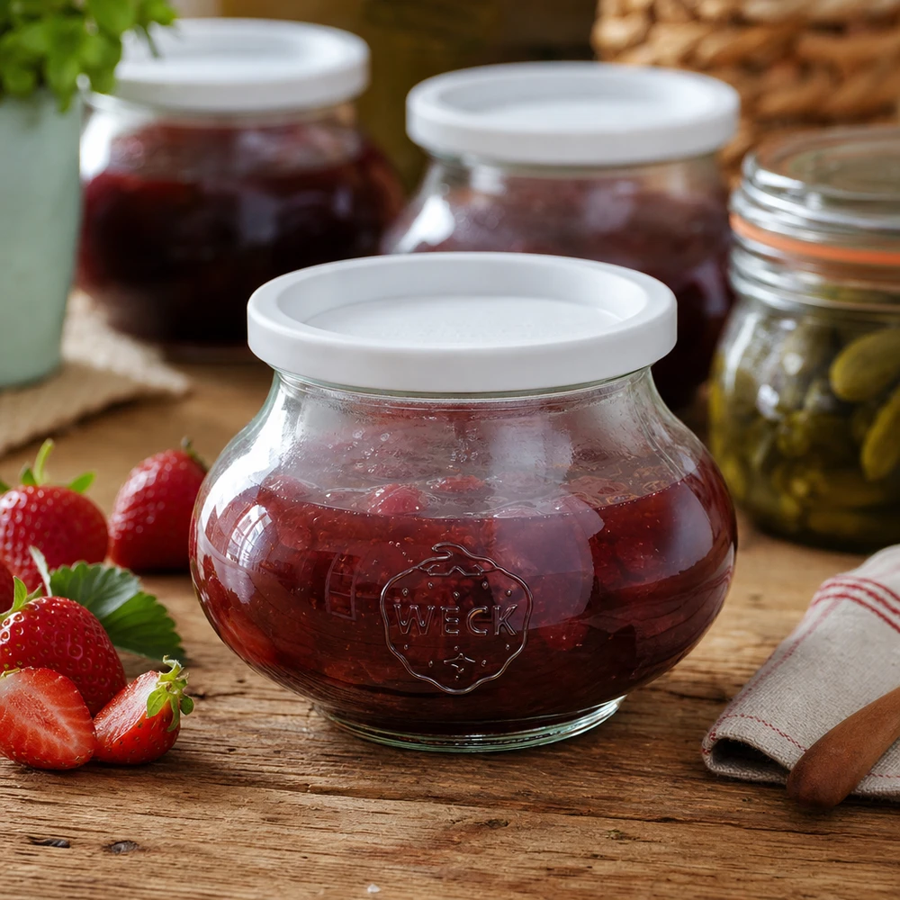 560ml Schmuckglas mit Frischedeckel WECK RR80 WECK Einmachglas 560ml RR80 gefüllt mit Erdbeermarmelade neben frischen Erdbeeren auf Holztisch in Küche