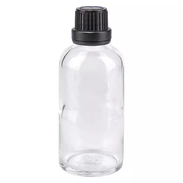 Apothekenflasche klar 50ml Schraubverschluss schwarz Dichteinlage Originalitätsverschluss Apothekenflasche klar 50ml Schraubverschluss schwarz Dichteinlage Originalitätsverschluss