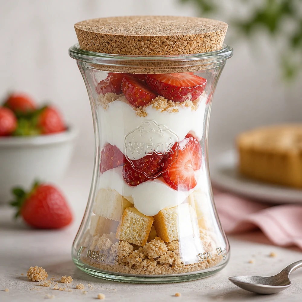 370ml Delikatessenglas WECK RR80 mit Korken natur WECK Glas 370ml RR80 als Dessertbecher mit Schichtdessert aus Erdbeeren Joghurt und Kekskrümeln befüllt