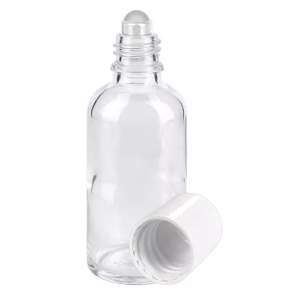 Apothekenflasche klar 50ml Roll-On Verschluss weiß Apothekenflasche klar 50ml Roll-On Verschluss weiß