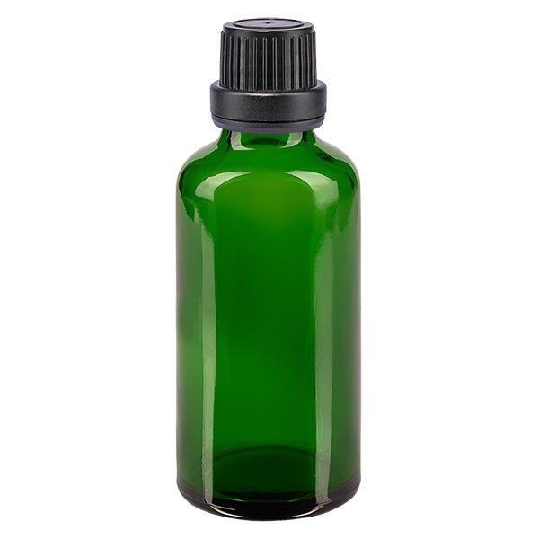 Apothekenflasche grün 50ml Tropfverschluss Giessring 2mm schwarz Originalitätsverschluss Apothekenflasche grün 50ml Tropfverschluss Giessring 2mm schwarz Originalitätsverschluss