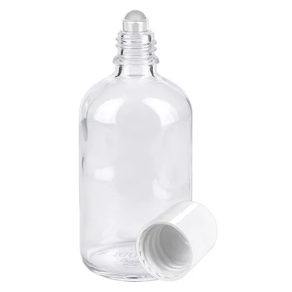 Apothekenflasche klar 100ml Roll-On Verschluss weiß Apothekenflasche klar 100ml Roll-On Verschluss weiß