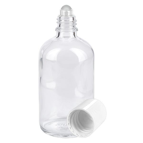 Apothekenflasche klar 100ml Roll-On Verschluss weiß Apothekenflasche klar 100ml Roll-On Verschluss weiß