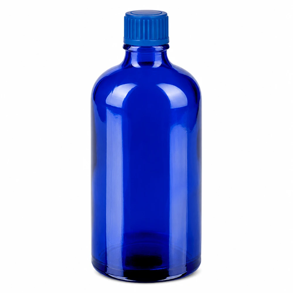 Zylindrische blaue Flasche 100ml mit schlanker Form und engem Hals