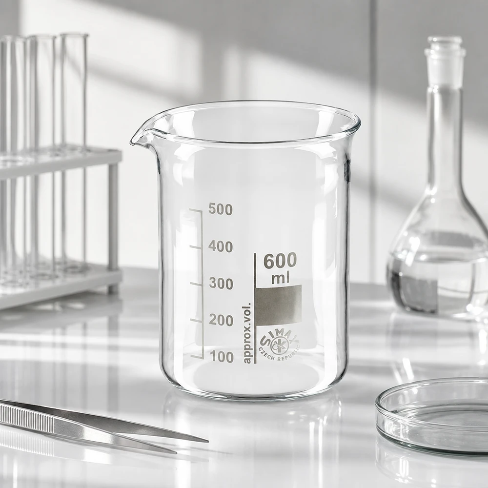 Becherglas 600ml Borosilikatglas, niedrige Form Dickwandiges Becherglas 600ml niedrige Form aus spülmaschinenfestem Borosilikatglas
