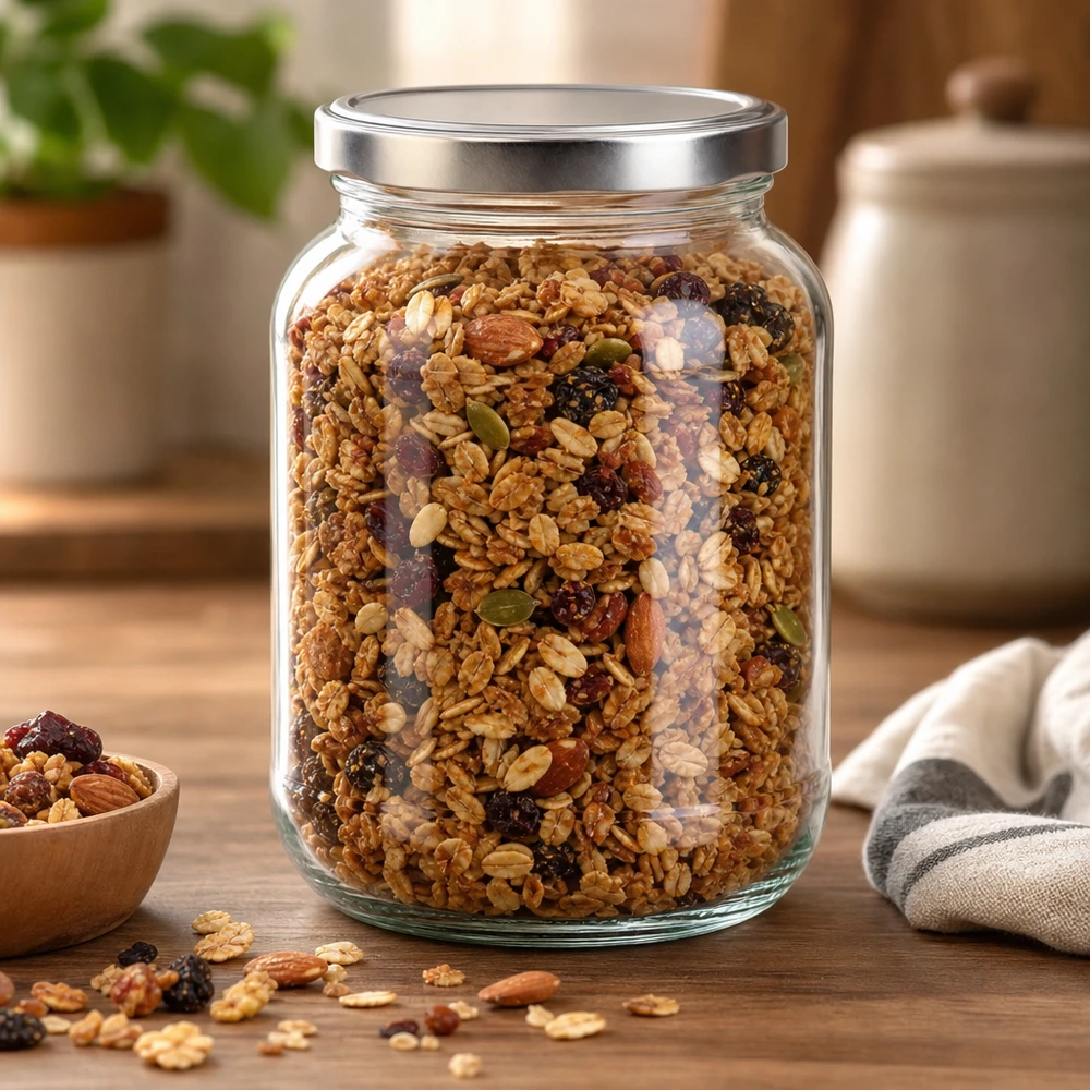 370ml Ovalglas mit silbernem Schraubdeckel gefüllt mit Müsli und Nüssen als Vorratsbehälter in der Küche