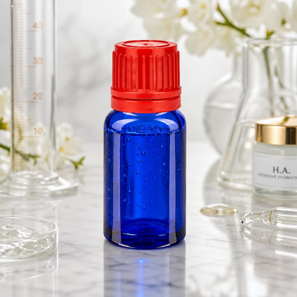 10ml Flasche 11mm Schraubverschluss rot Originalitätsverschluss BlueLine UT18/10 Elegante 10ml Designerflasche in Kobaltblau mit mattem roten Verschluss für Premium-Produkte