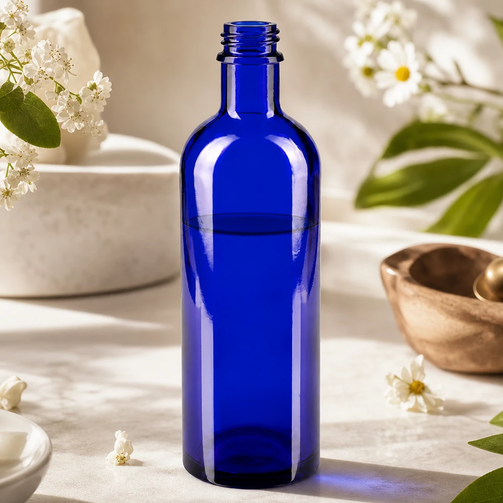 Dekorative Glasflasche 200ml in leuchtendem Blau mit praktischer Tropffunktion DIN 22