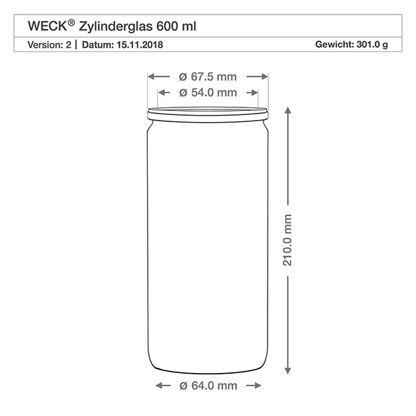 700ml Delikatessenglas komplett WECK RR80 Technische Zeichnung WECK 600ml Zylinderglas RR60 mit Maßangaben Durchmesser Höhe für perfekte Küchenplanung