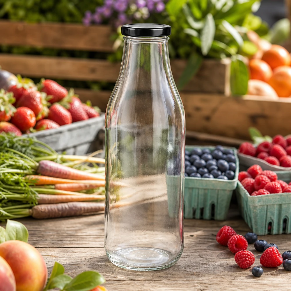 1000ml Glasflasche + BasicSeal Deckel schwarz UNiTWIST 1000ml Glasflasche leer auf rustikalem Holztisch umgeben von frischen Beeren Obst und Gemüse im Freien