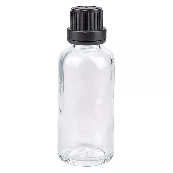 Apothekenflasche klar 30ml Tropfverschluss Giessring 2mm schwarz Originalitätsverschluss Apothekenflasche klar 30ml Tropfverschluss Giessring 2mm schwarz Originalitätsverschluss
