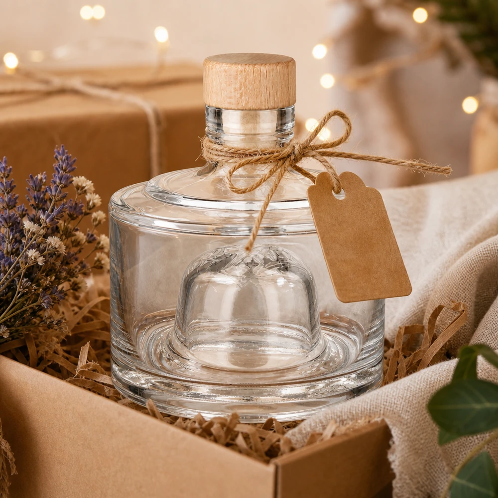 200ml Glasflasche "Barbara" mit Holzgriff-Korken UNiTWIST 200ml Glasflasche Barbara als Geschenk verpackt mit Holzkorken Kraftpapier Anhänger und Lichterdeko festlich dekoriert