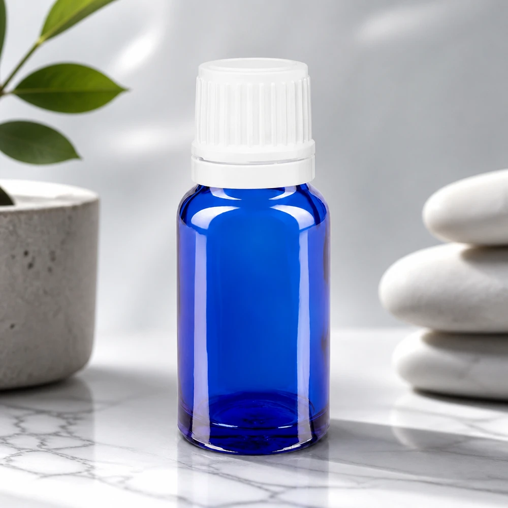 Apothekenflasche blau 10ml Tropfverschluss 1.2mm weiß Originalitätsverschluss Kleine blaue Dosierflasche aus Apothekerglas mit geripptem weißem Sicherheitsverschluss