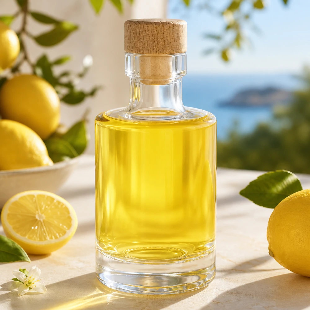100ml Glasflasche "Marie" mit Holzgriff-Korken UNiTWIST 100ml Glasflasche Marie mit Holzkorken gefüllt mit Zitronenöl in sonniger Küche mit frischen Zitronen und Zitrusblättern