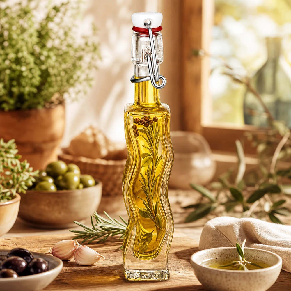 40ml Glasflasche "Anna" mit PVC Bügelverschluss UNiTWIST 40ml Glasflasche Anna mit Kräuteröl gefüllt, mediterrane Dekoration mit Oliven und Rosmarin auf Holztisch